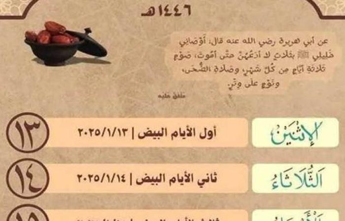 رياضة : إذاعة القرآن الكريم تكشف عن مواعيد الأيام البيض في شهر رجب