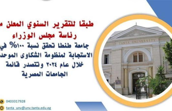 رياضة : جامعة طنطا تحقق 100% في الاستجابة لمنظومة الشكاوى الموحدة خلال عام 2024